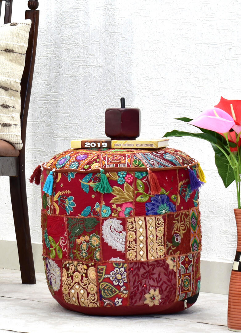 Cotton Gwen Pouffe/Ottoman Khambadiya Patchwork - Red - Image 1